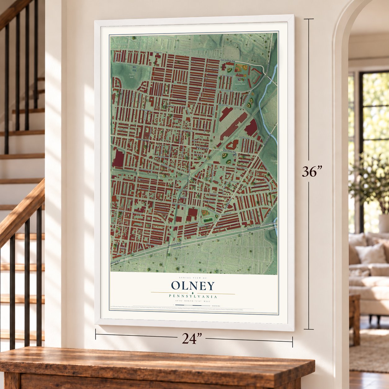 Olney, Pennsylvania map, 24 x 36 inch print in a white frame by a staircase