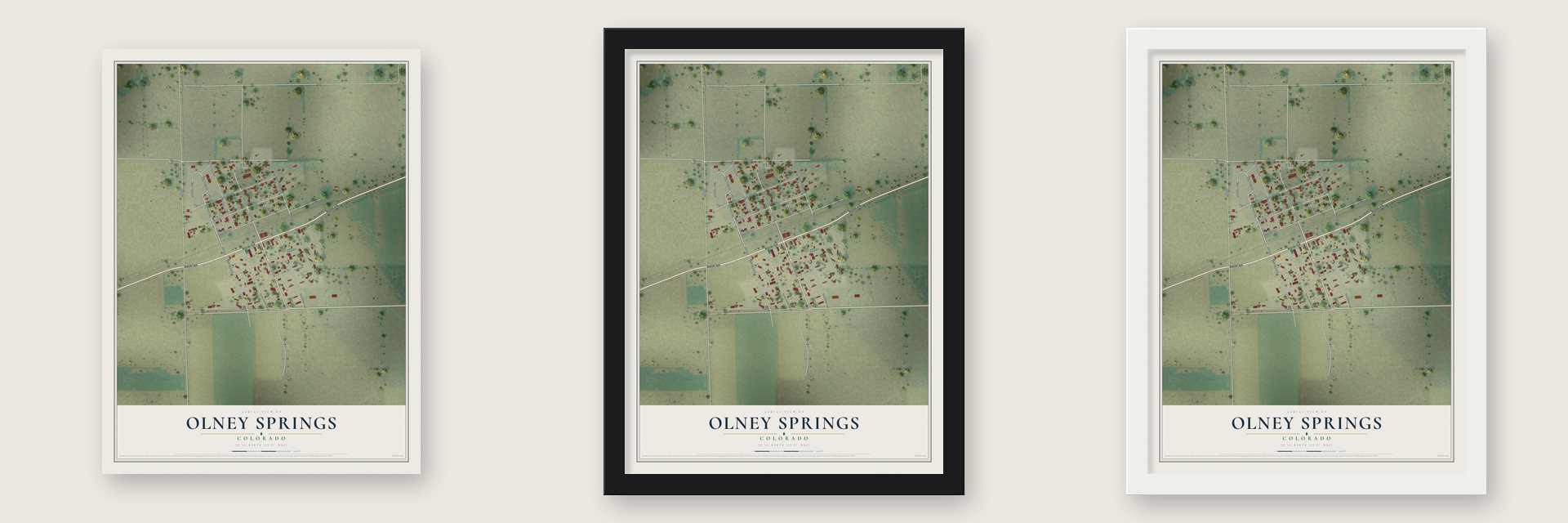 Olney Springs, Colorado map unframed, in a black wood frame and in a white wood frame