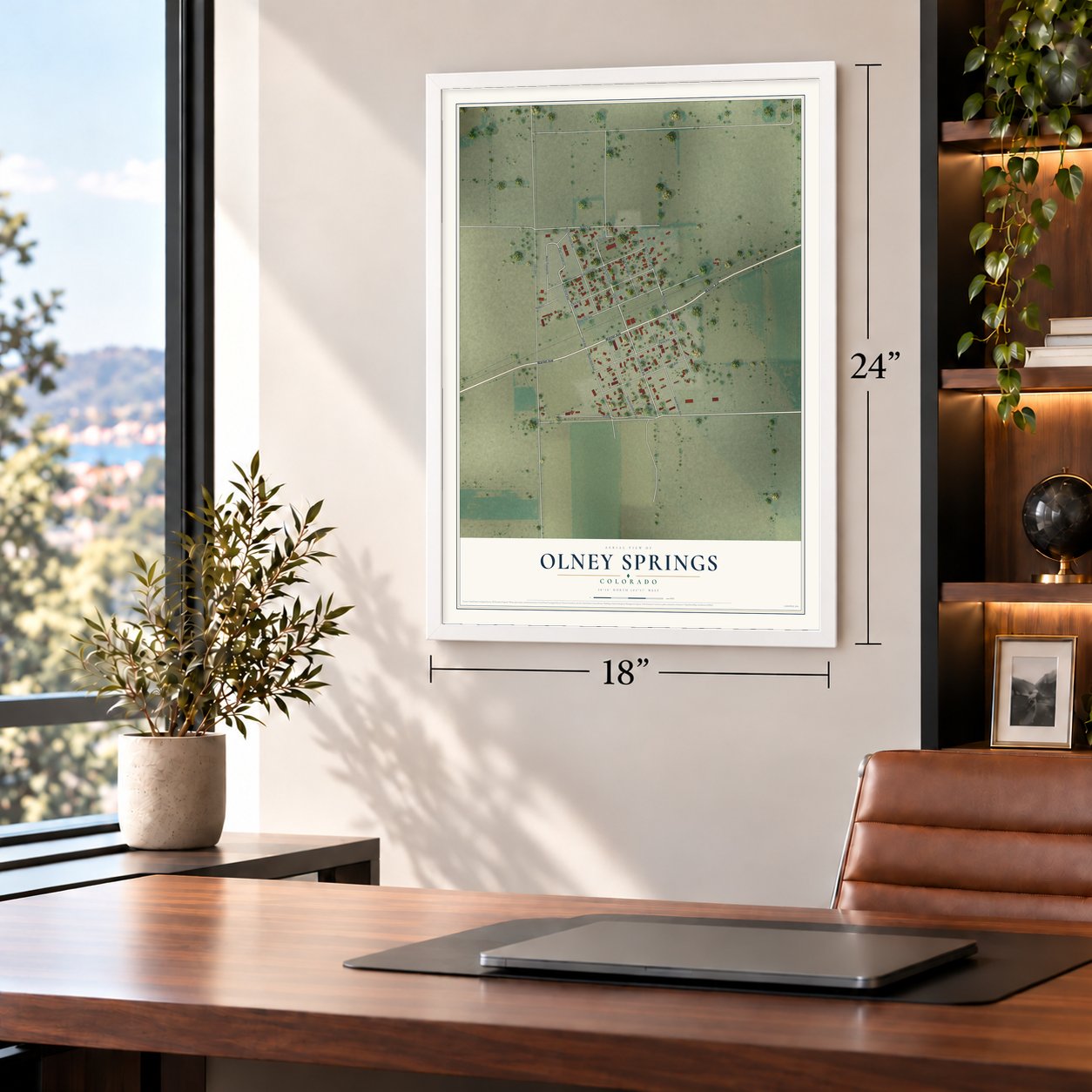Olney Springs, Colorado map, 18 x 24 inch print in a white frame in a home office