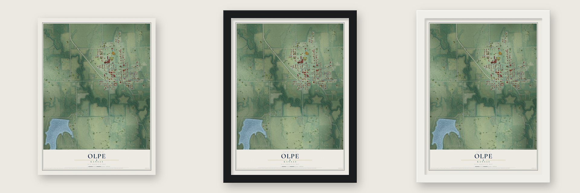 Olpe, Kansas map unframed, in a black wood frame and in a white wood frame