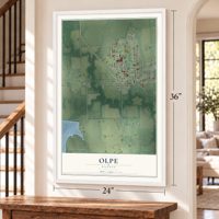 Olpe, Kansas map, 24 x 36 inch print in a white frame by a staircase