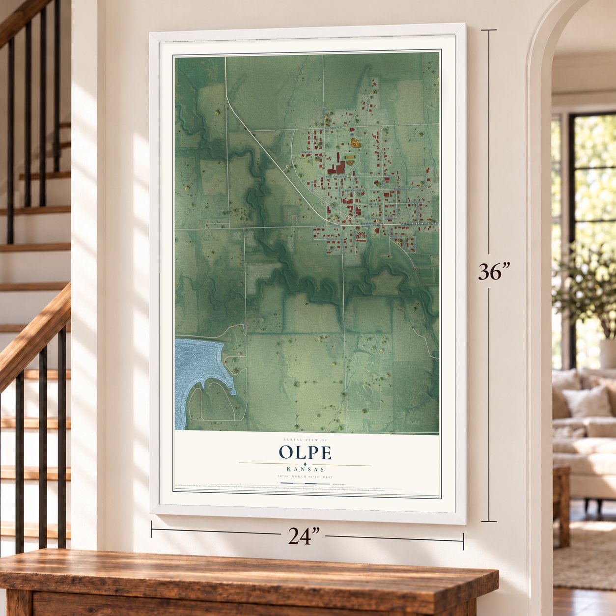 Olpe, Kansas map, 24 x 36 inch print in a white frame by a staircase