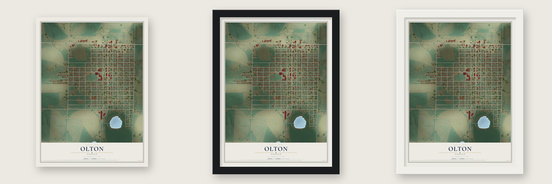 Olton, Texas map unframed, in a black wood frame and in a white wood frame