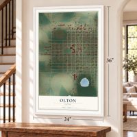 Olton, Texas map, 24 x 36 inch print in a white frame by a staircase