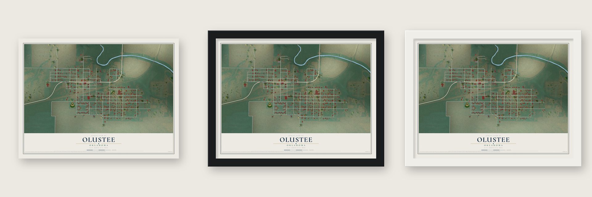 Olustee, Oklahoma map unframed, in a black wood frame and in a white wood frame