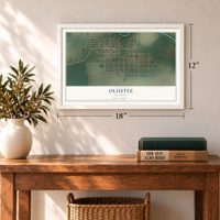 Olustee, Oklahoma map, 12 x 18 inch print in a white frame in an entryway
