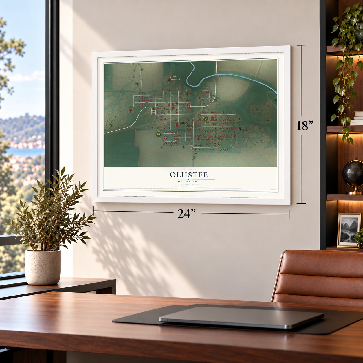 Olustee, Oklahoma map, 18 x 24 inch print in a white frame in a home office
