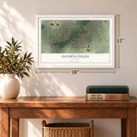 Olympia Fields, Illinois map, 12 x 18 inch print in a white frame in an entryway