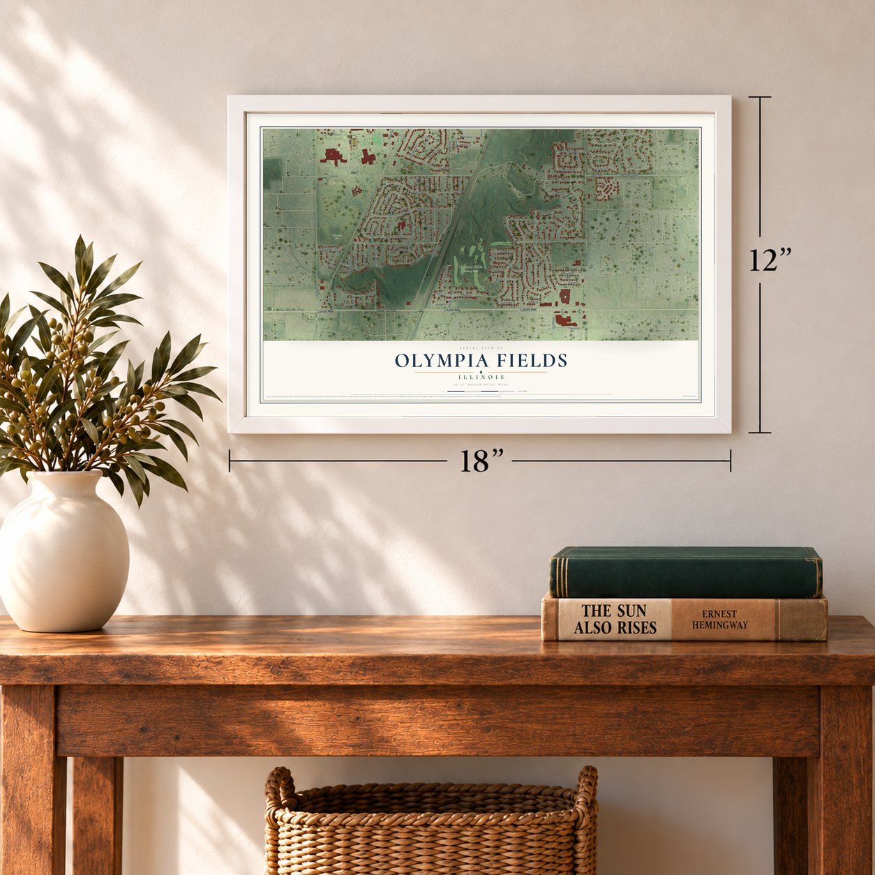 Olympia Fields, Illinois map, 12 x 18 inch print in a white frame in an entryway