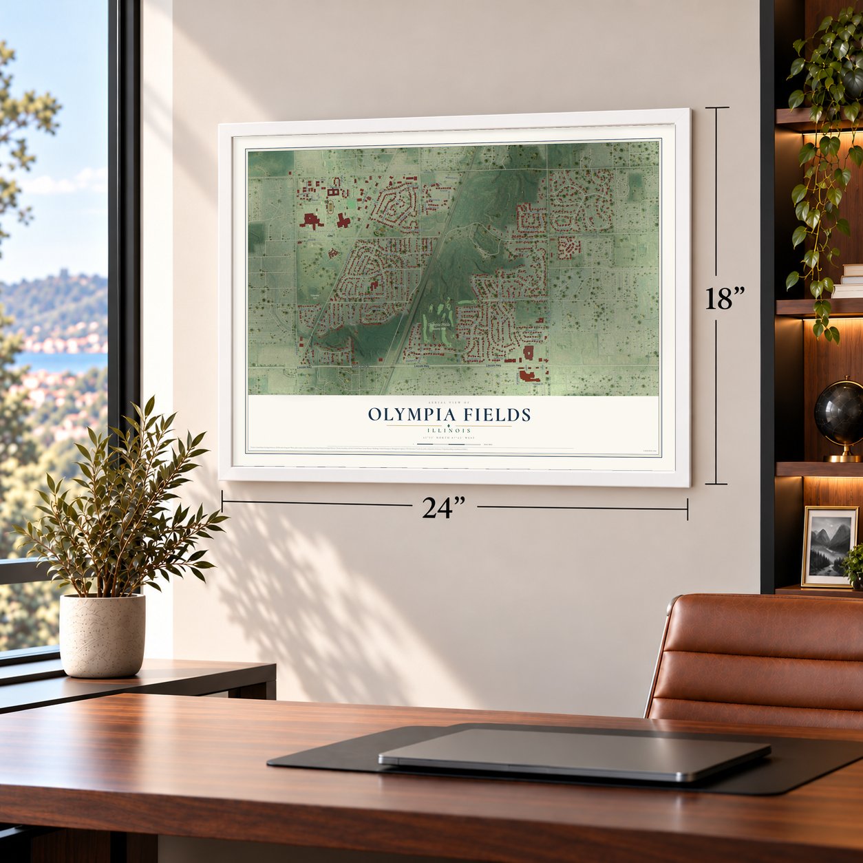 Olympia Fields, Illinois map, 18 x 24 inch print in a white frame in a home office