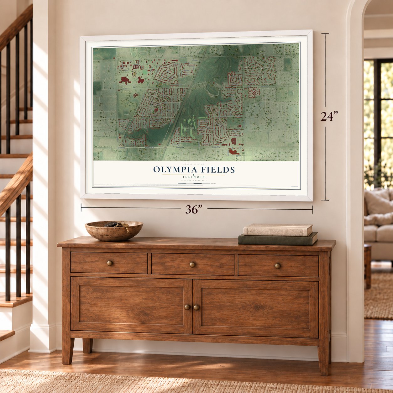 Olympia Fields, Illinois map, 24 x 36 inch print in a white frame above a dresser by a staircase