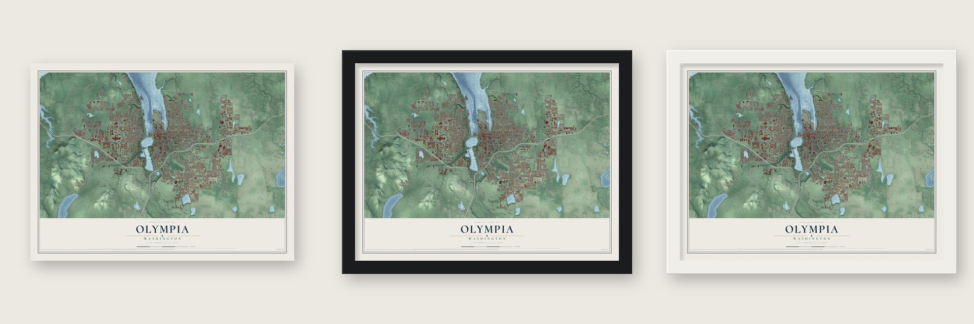 Olympia, Washington map unframed, in a black wood frame and in a white wood frame