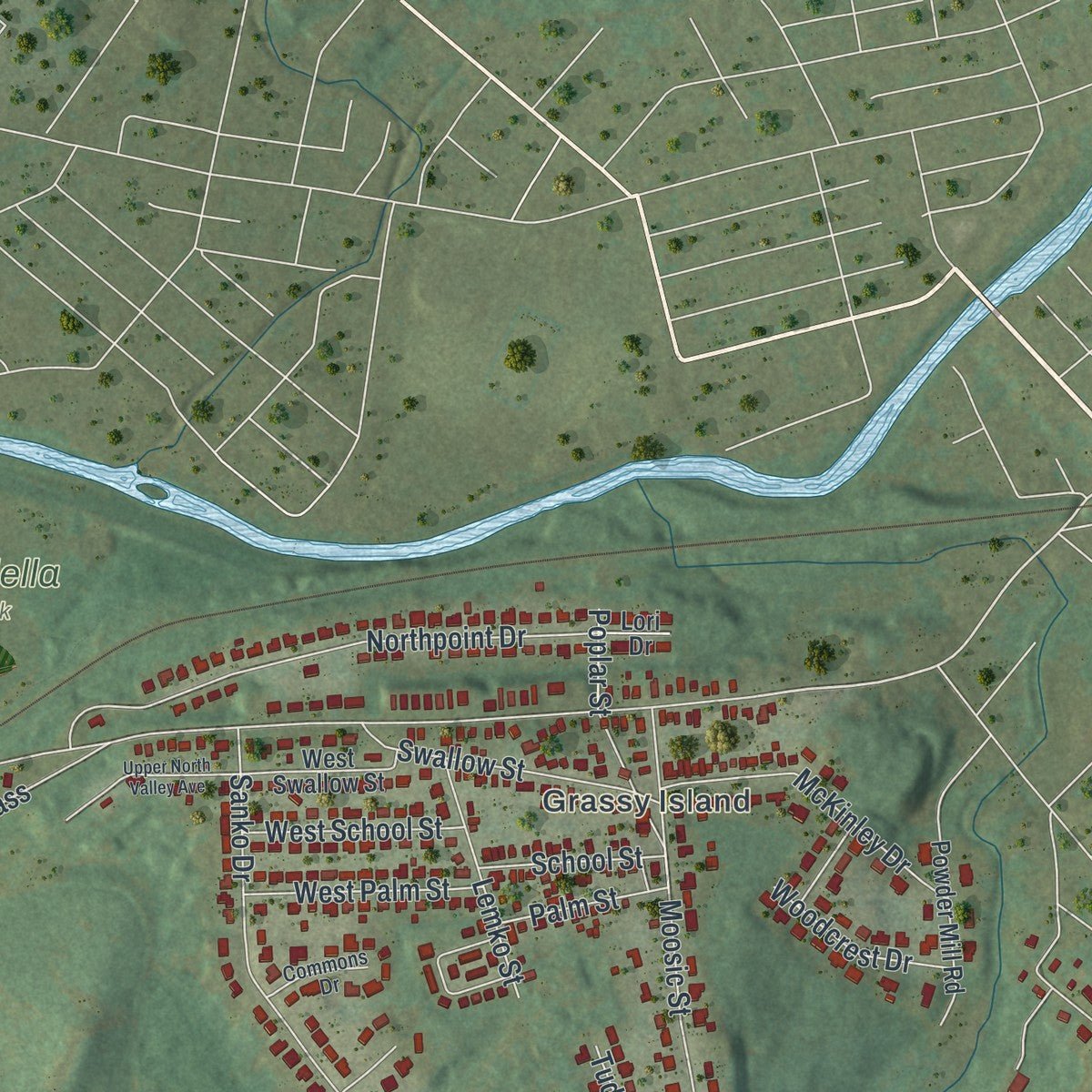 Second close-up of the map of Olyphant, Pennsylvania print showing more streets and buildings