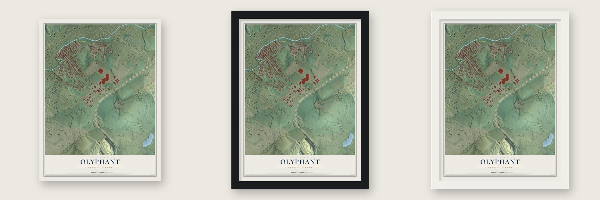 Olyphant, Pennsylvania map unframed, in a black wood frame and in a white wood frame