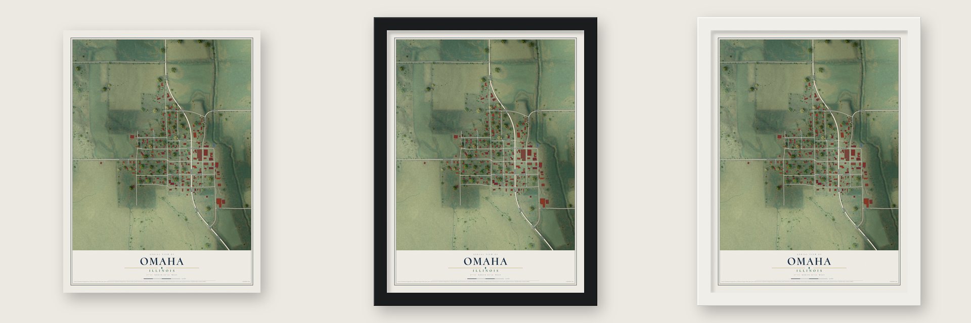 Omaha, Illinois map unframed, in a black wood frame and in a white wood frame