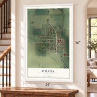 Omaha, Illinois map, 24 x 36 inch print in a white frame by a staircase