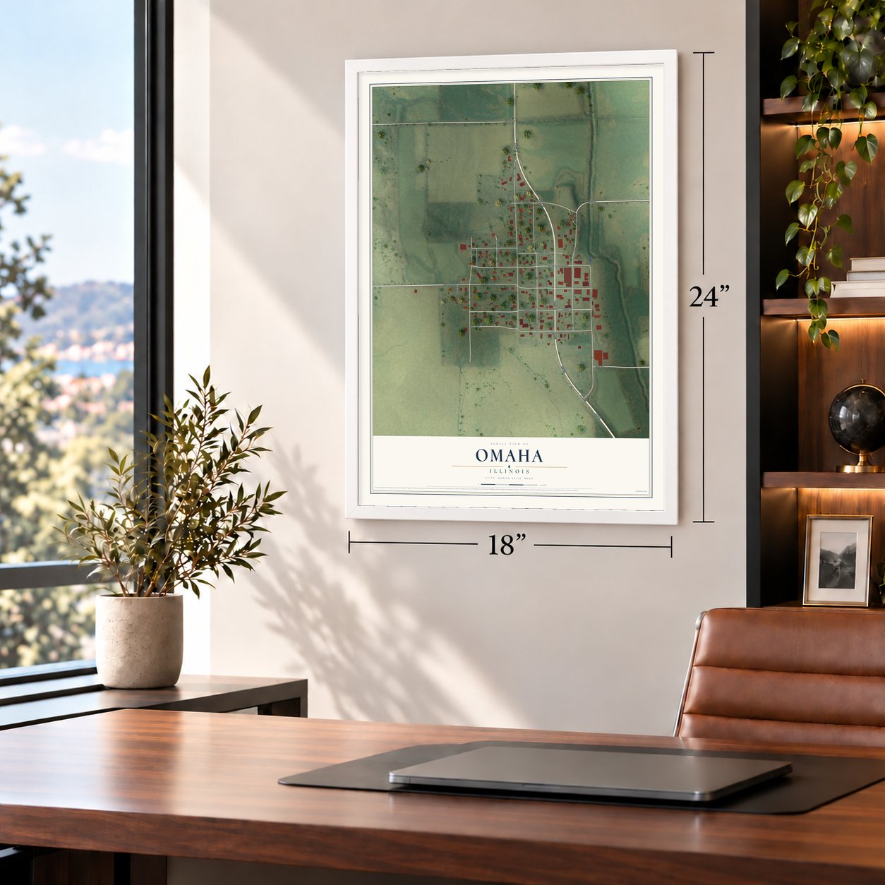 Omaha, Illinois map, 18 x 24 inch print in a white frame in a home office