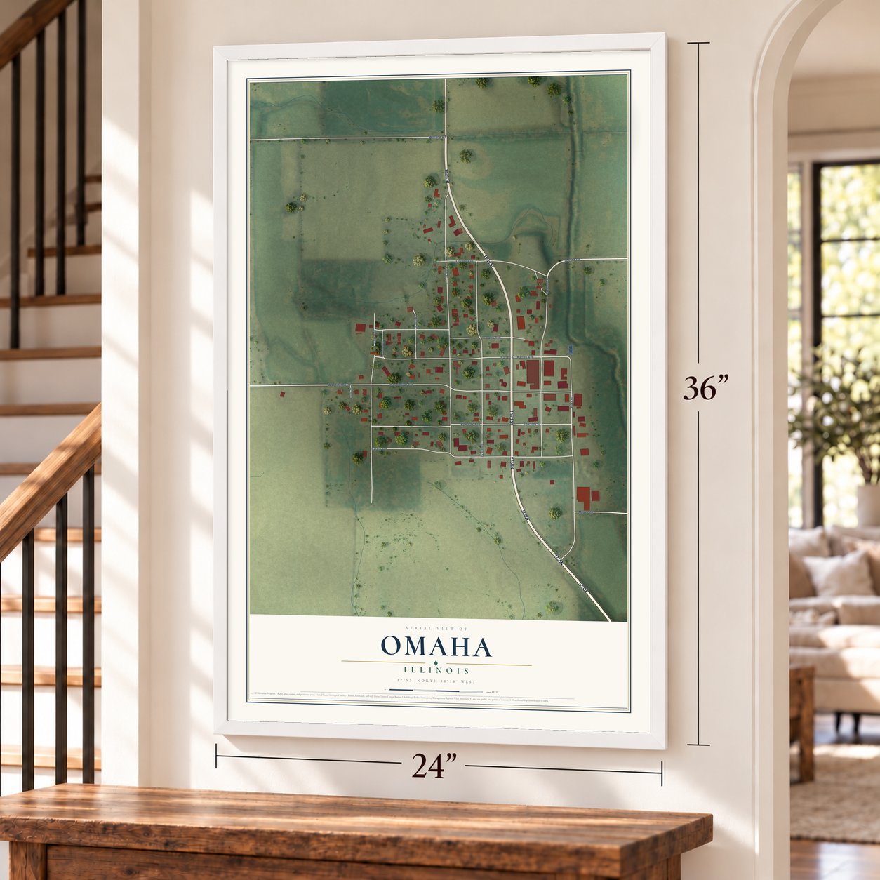 Omaha, Illinois map, 24 x 36 inch print in a white frame by a staircase