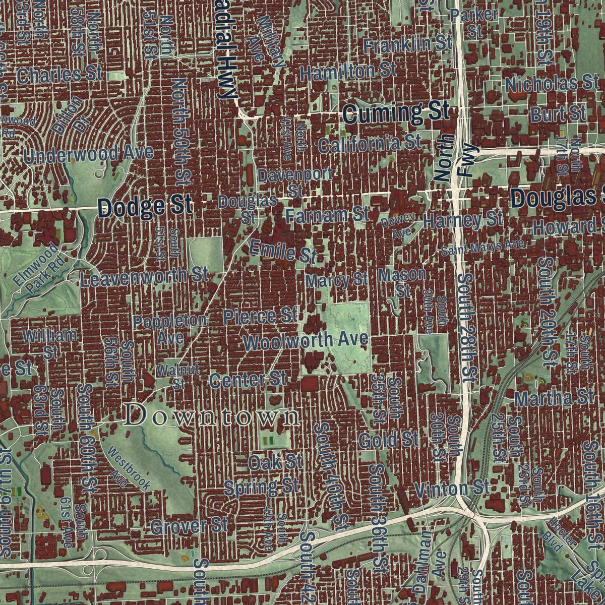Second close-up of the map of Omaha, Nebraska print showing more streets and buildings