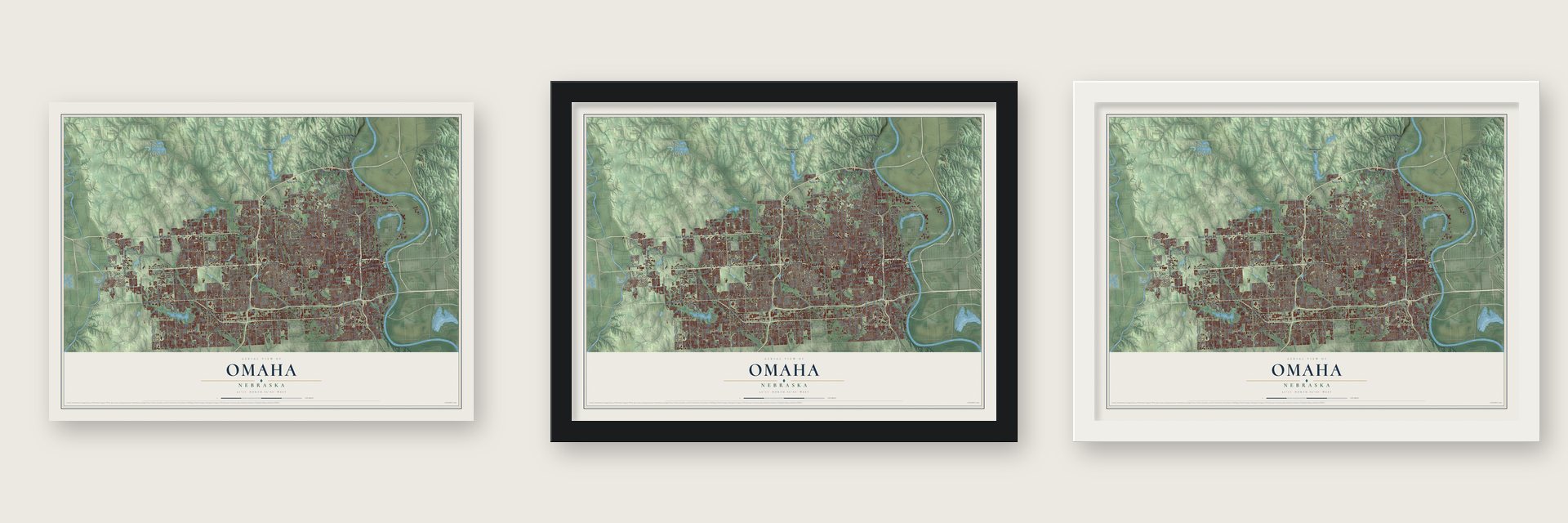 Omaha, Nebraska map unframed, in a black wood frame and in a white wood frame
