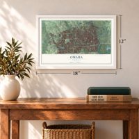 Omaha, Nebraska map, 12 x 18 inch print in a white frame in an entryway