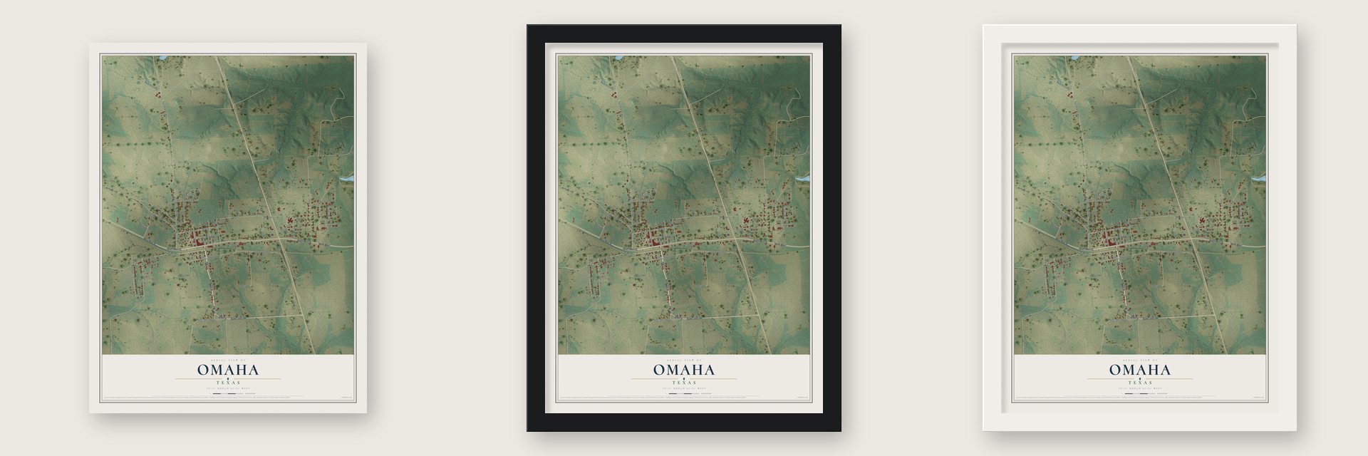 Omaha, Texas map unframed, in a black wood frame and in a white wood frame