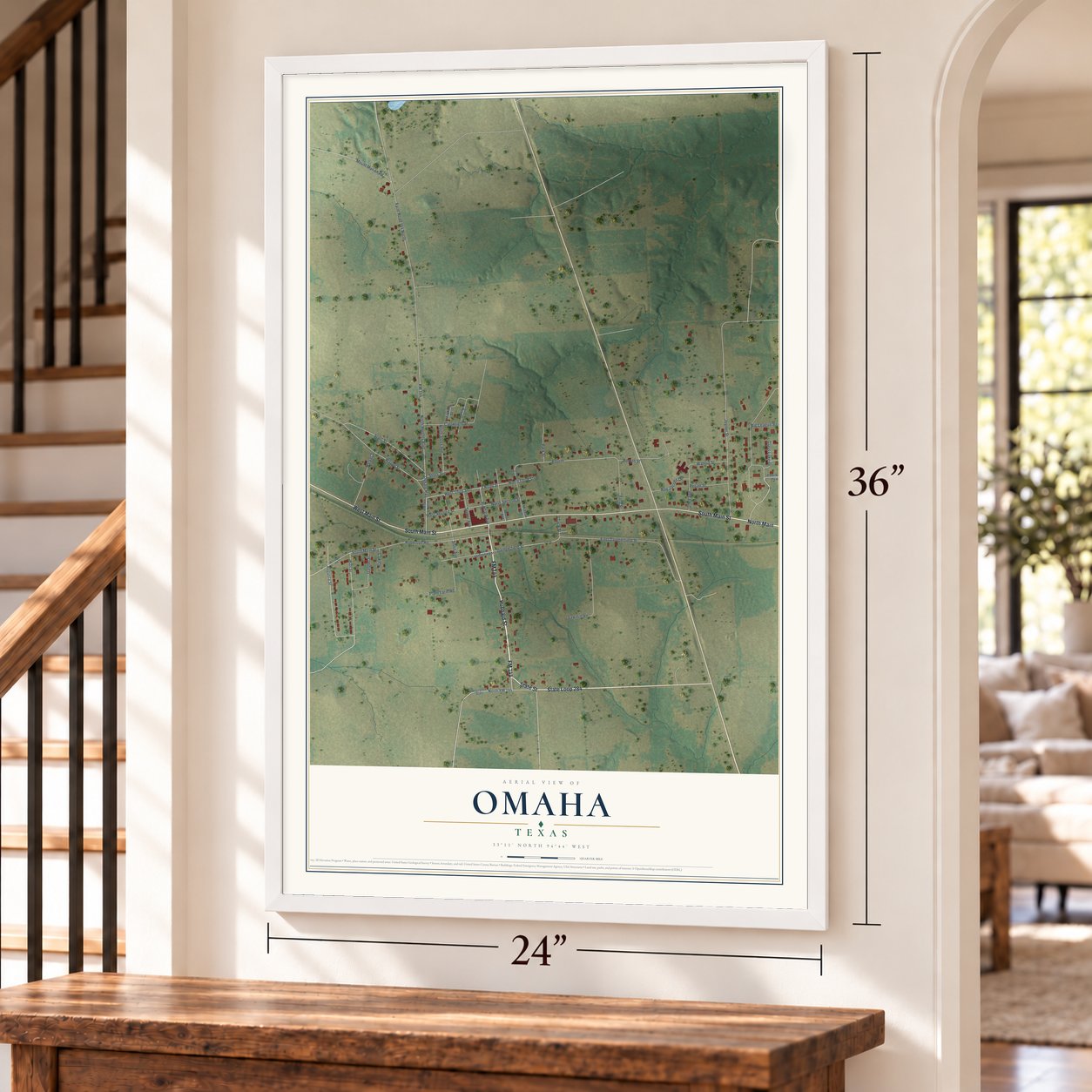 Omaha, Texas map, 24 x 36 inch print in a white frame by a staircase