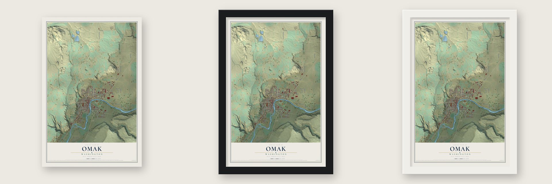 Omak, Washington map unframed, in a black wood frame and in a white wood frame