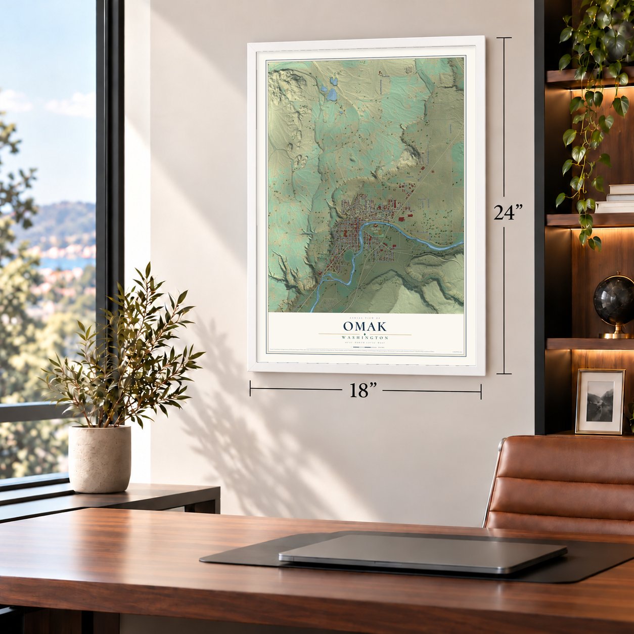 Omak, Washington map, 18 x 24 inch print in a white frame in a home office
