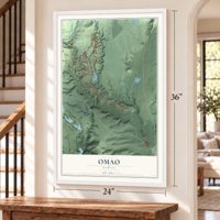 Omao, Hawaii map, 24 x 36 inch print in a white frame by a staircase