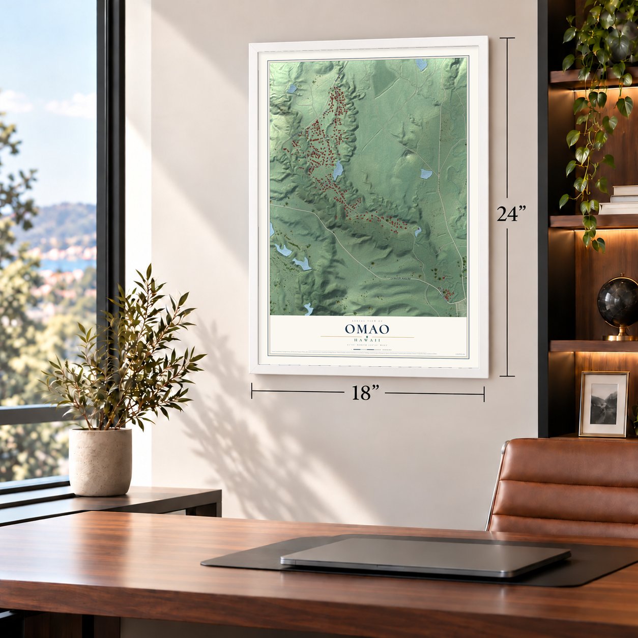 Omao, Hawaii map, 18 x 24 inch print in a white frame in a home office