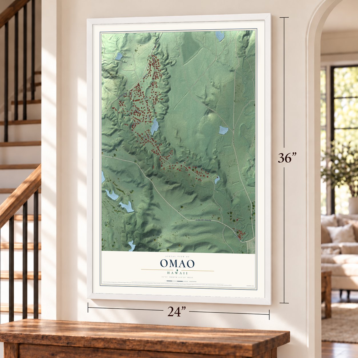 Omao, Hawaii map, 24 x 36 inch print in a white frame by a staircase