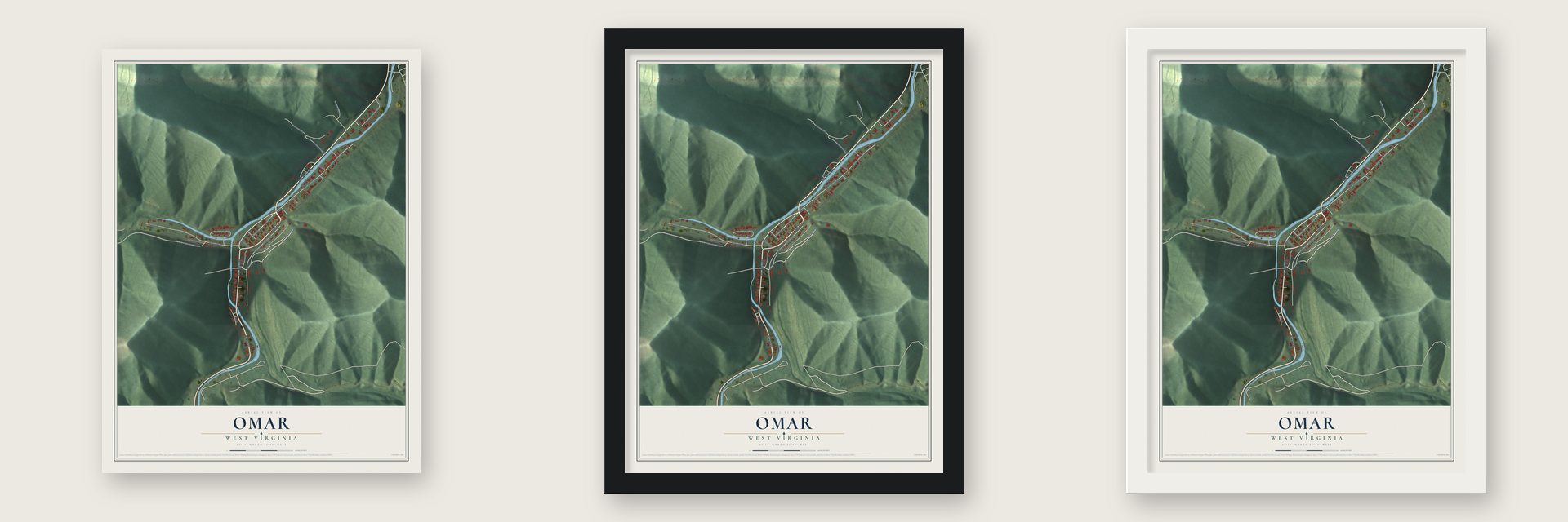 Omar, West Virginia map unframed, in a black wood frame and in a white wood frame