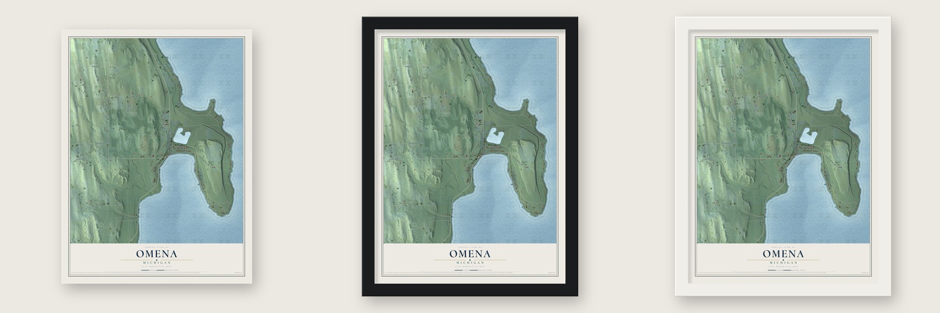 Omena, Michigan map unframed, in a black wood frame and in a white wood frame