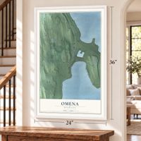 Omena, Michigan map, 24 x 36 inch print in a white frame by a staircase