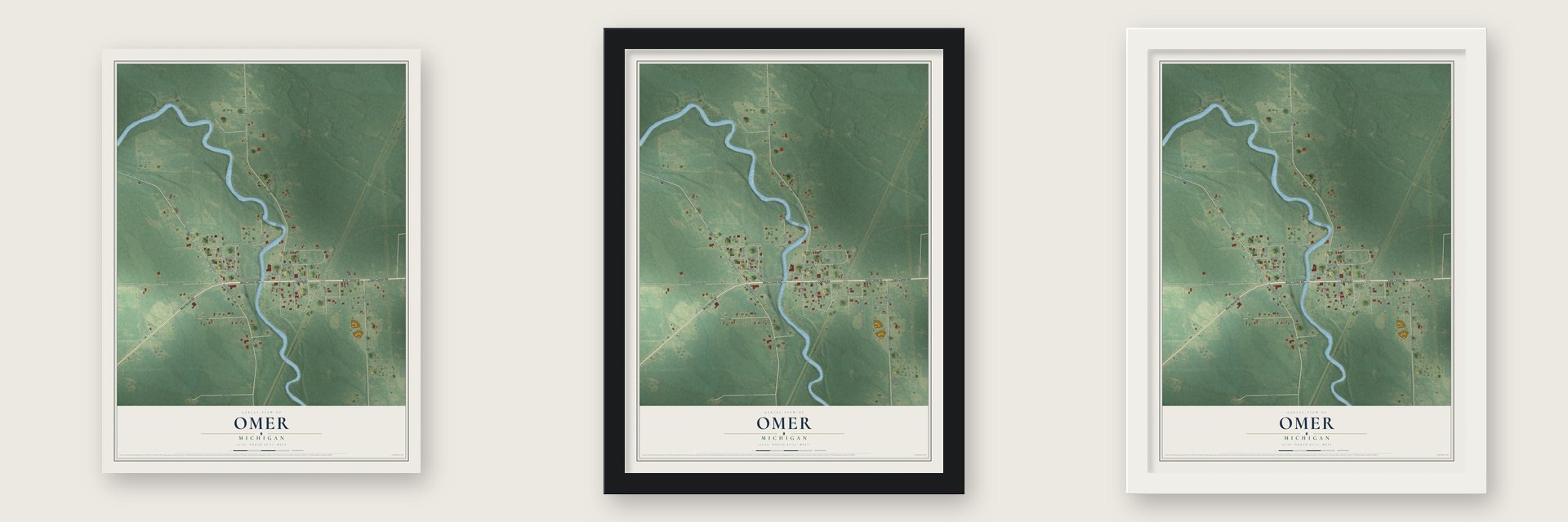 Omer, Michigan map unframed, in a black wood frame and in a white wood frame