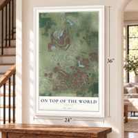 On Top of the World, Florida map, 24 x 36 inch print in a white frame by a staircase