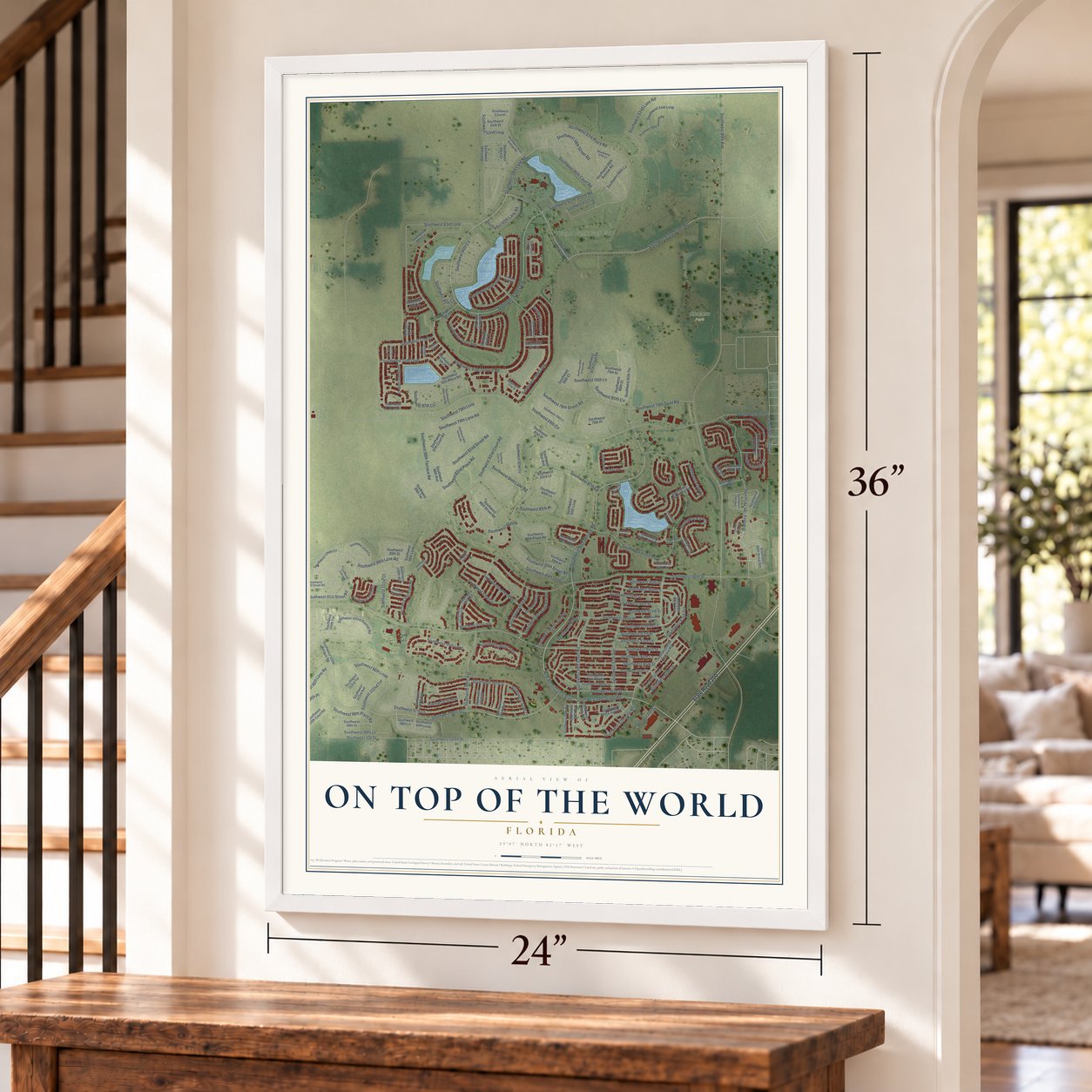 On Top of the World, Florida map, 24 x 36 inch print in a white frame by a staircase