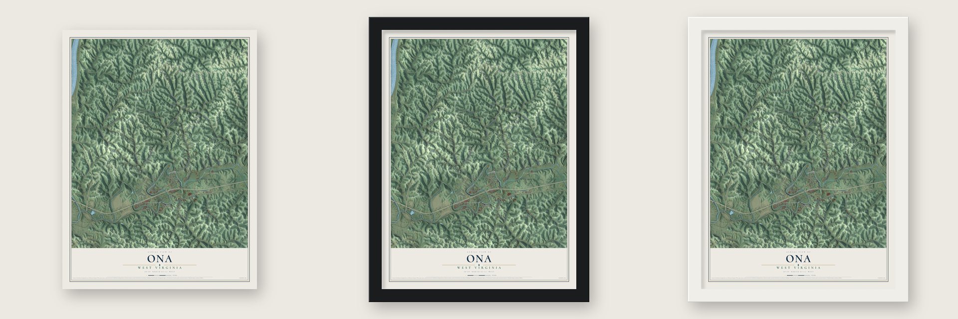 Ona, West Virginia map unframed, in a black wood frame and in a white wood frame