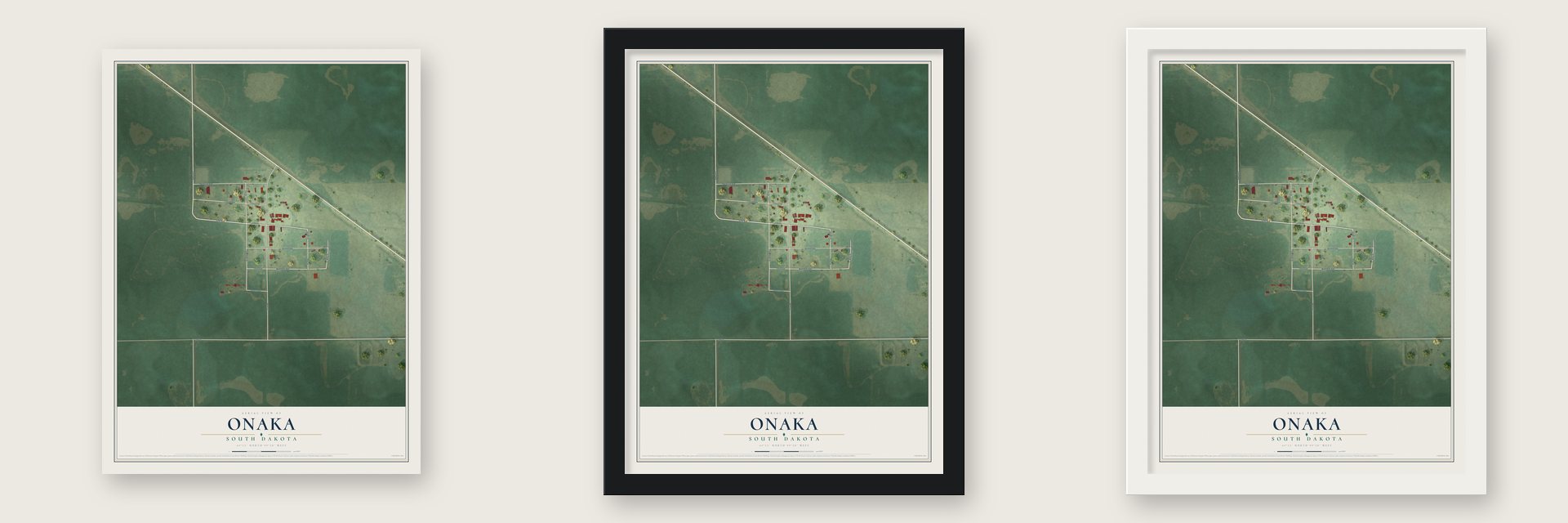Onaka, South Dakota map unframed, in a black wood frame and in a white wood frame