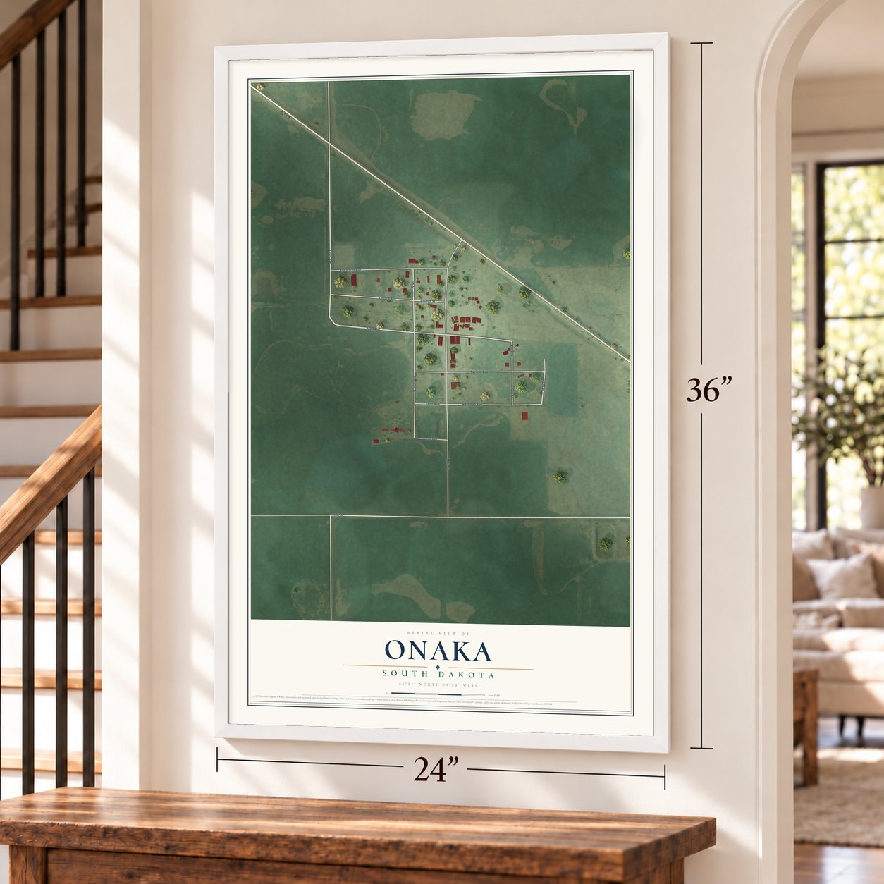 Onaka, South Dakota map, 24 x 36 inch print in a white frame by a staircase