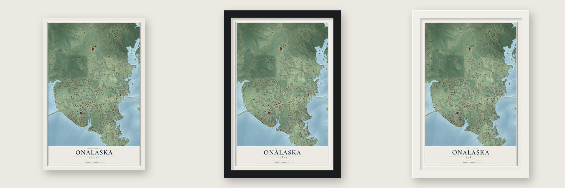 Onalaska, Texas map unframed, in a black wood frame and in a white wood frame