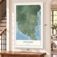 Onalaska, Texas map, 24 x 36 inch print in a white frame by a staircase