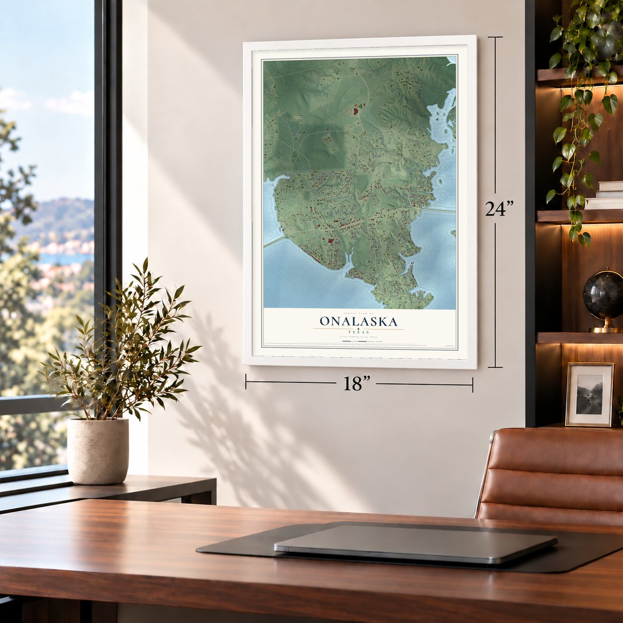 Onalaska, Texas map, 18 x 24 inch print in a white frame in a home office