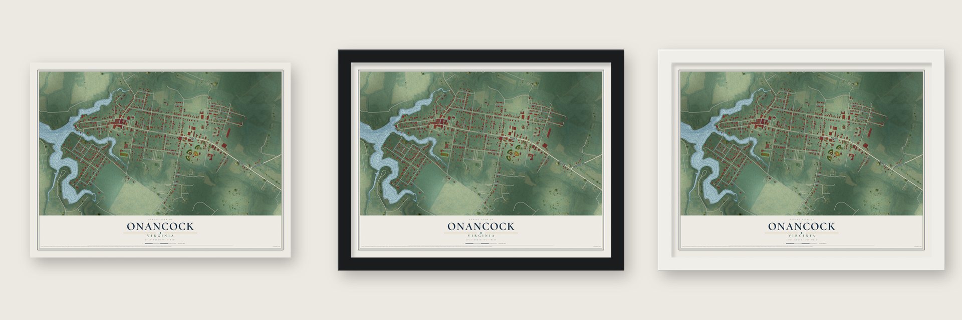 Onancock, Virginia map unframed, in a black wood frame and in a white wood frame