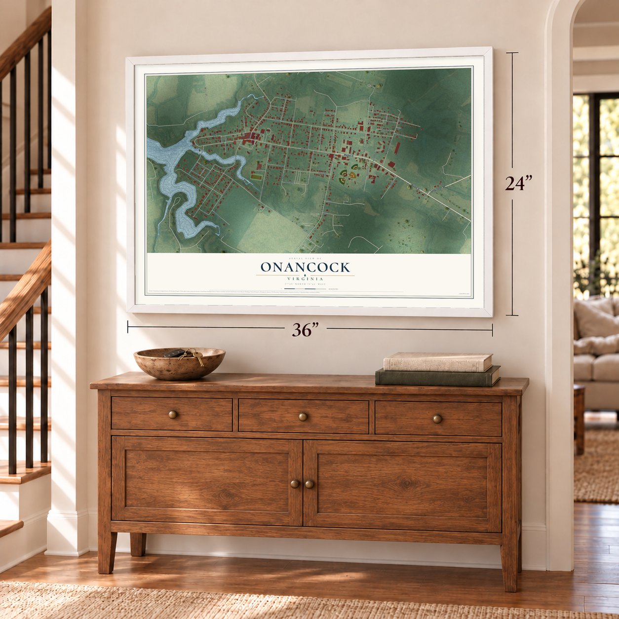 Onancock, Virginia map, 24 x 36 inch print in a white frame above a dresser by a staircase