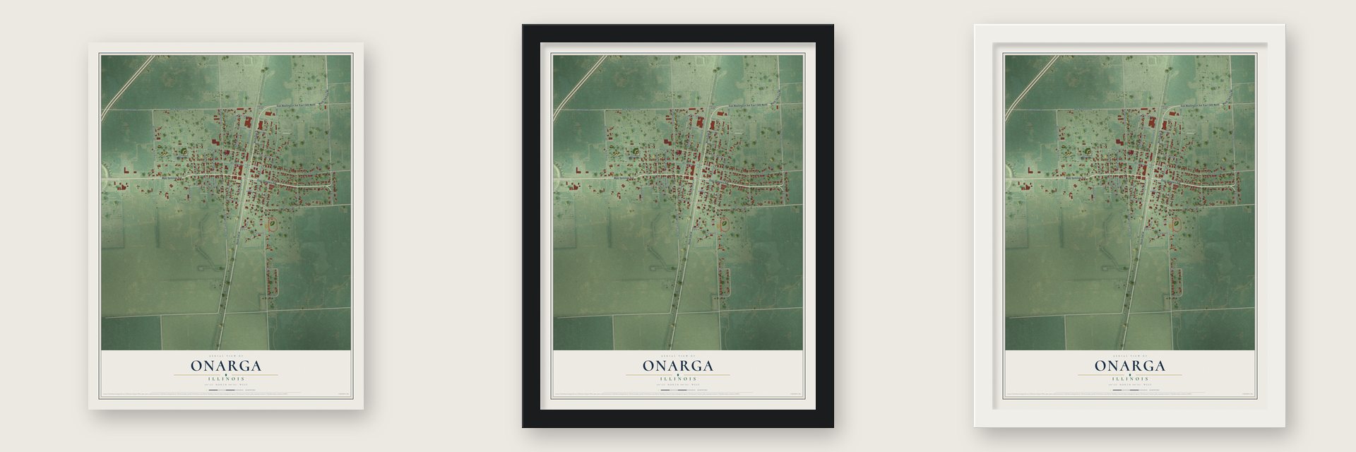 Onarga, Illinois map unframed, in a black wood frame and in a white wood frame