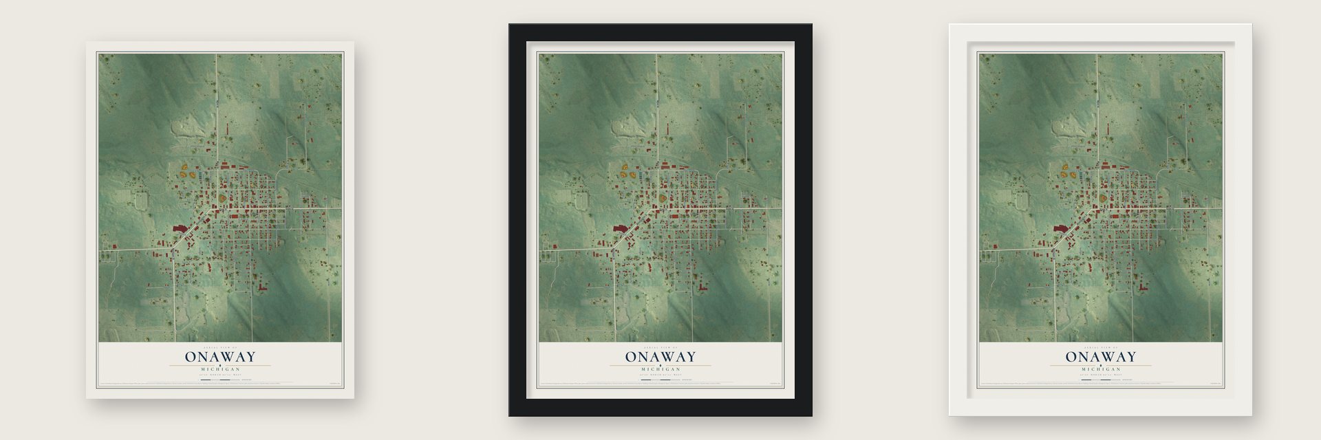 Onaway, Michigan map unframed, in a black wood frame and in a white wood frame