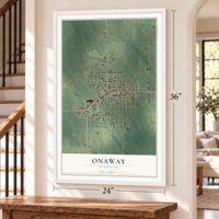 Onaway, Michigan map, 24 x 36 inch print in a white frame by a staircase