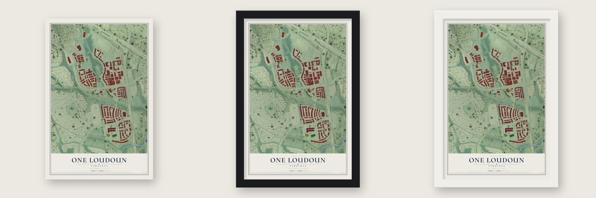 One Loudoun, Virginia map unframed, in a black wood frame and in a white wood frame